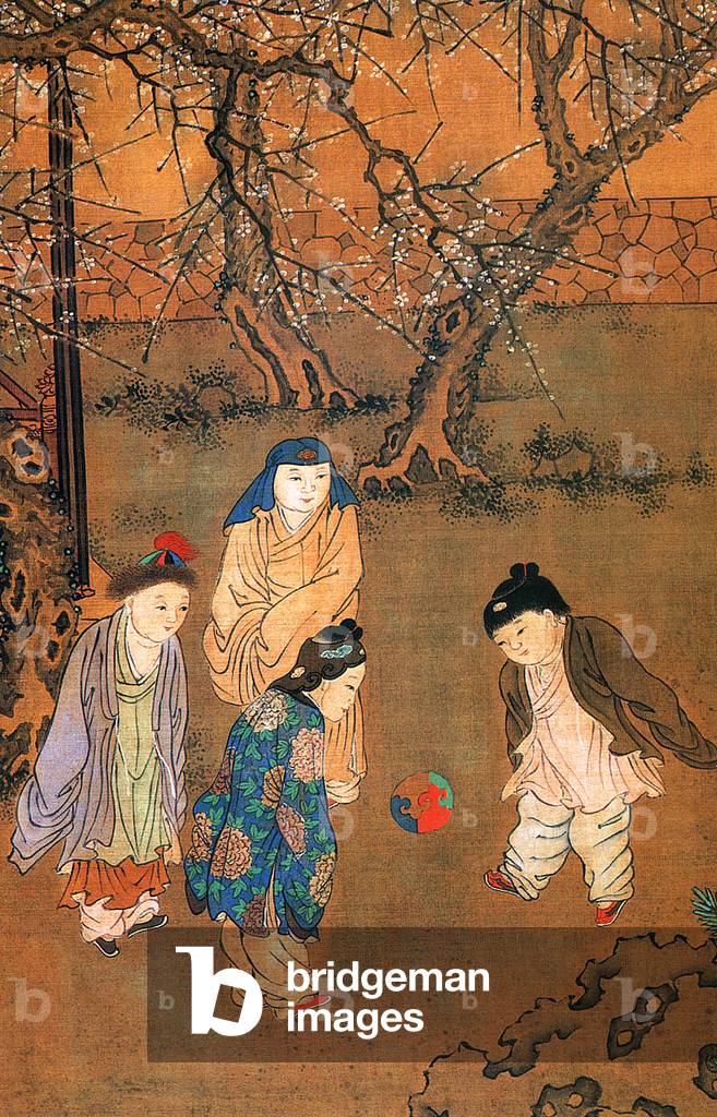 China: 'One Hundred Children in the Long Spring'. Children playing  'cuju' , a precursor of football, 12th century (print)