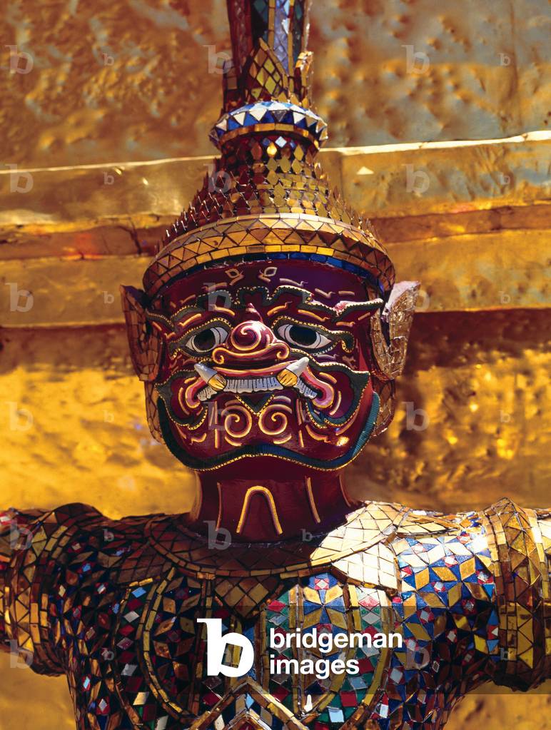 Thailand: Giant supporting a chedi (all the giants around the chedi are characters from the Ramakien), Wat Phra Kaeo (Temple of the Emerald Buddha), Grand Palace, Bangkok
