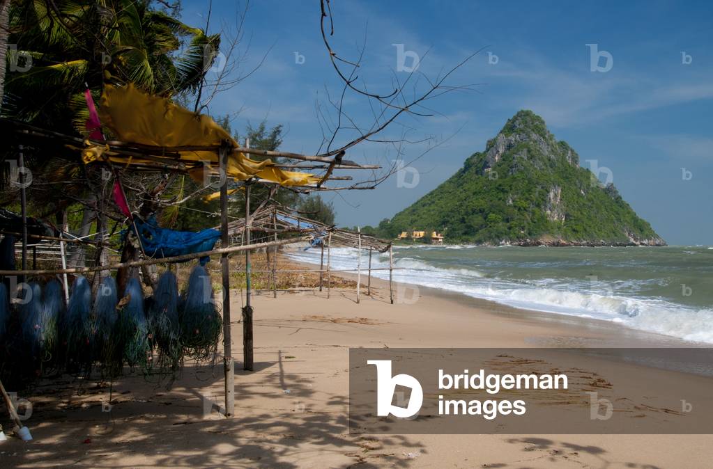 Thailand: Fishing nets hang ready for use, Hat Ao Noi, Prachuap Khiri Khan Province