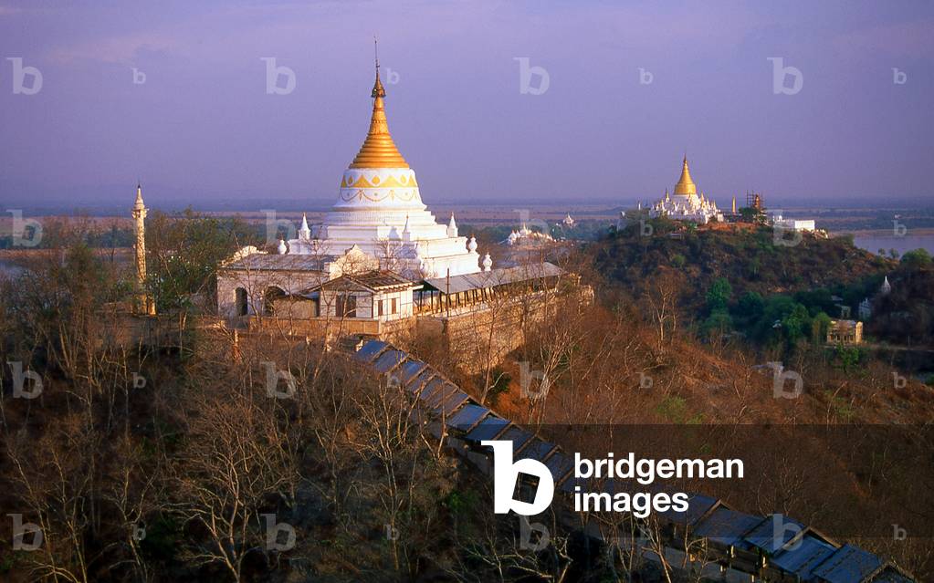 Burma / Myanmar: Hilltop pagodas at Sagaing, the river Irrawaddy / Ayeyarwady in the distance