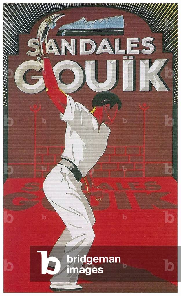 France: Advertisement for 'Sandales Gouik' featuring a Pelote Basque player, c. 1925