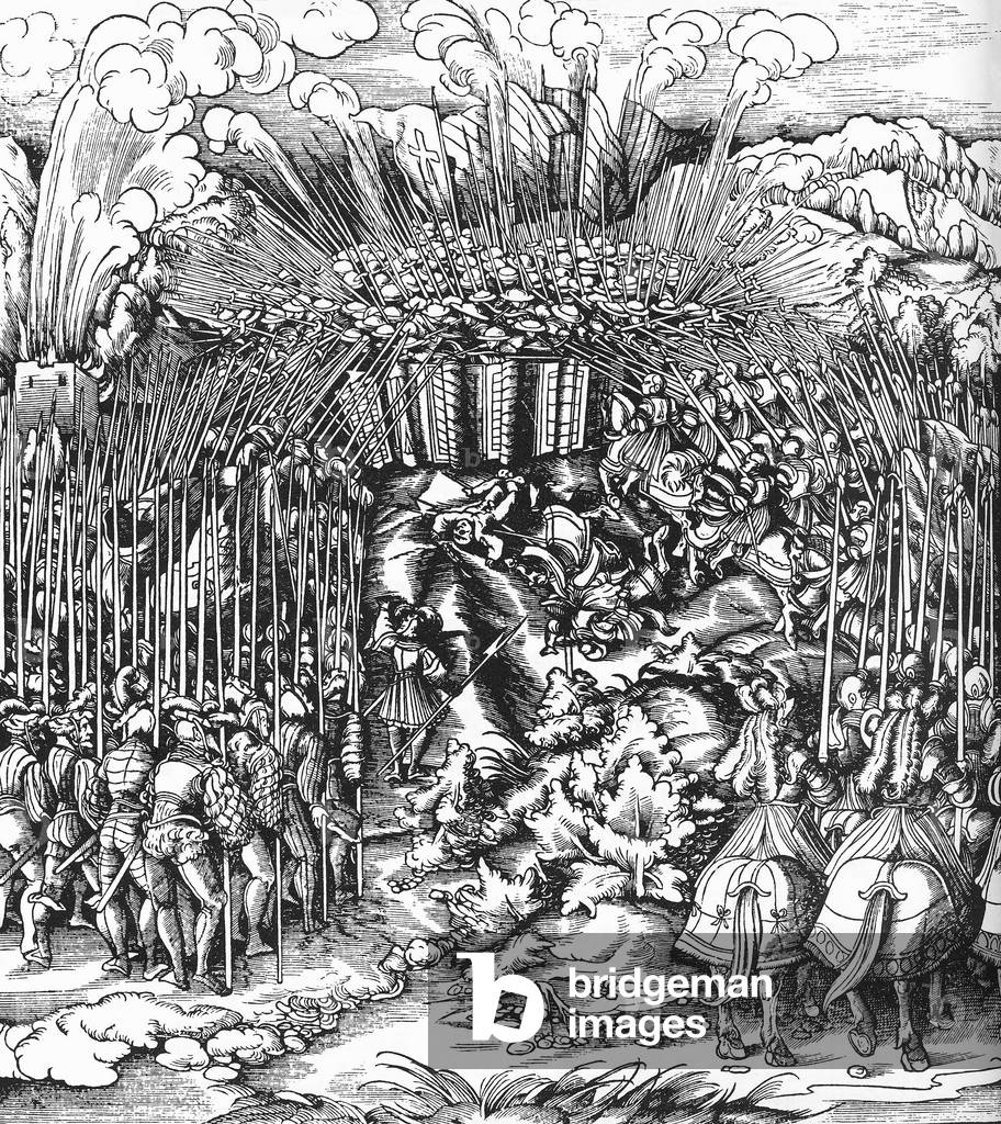 Germany: Maximilian I (1459-1519), 29th Holy Roman emperor, leading his troops at the Battle of Wenzenbach (1504), woodcut print 1775