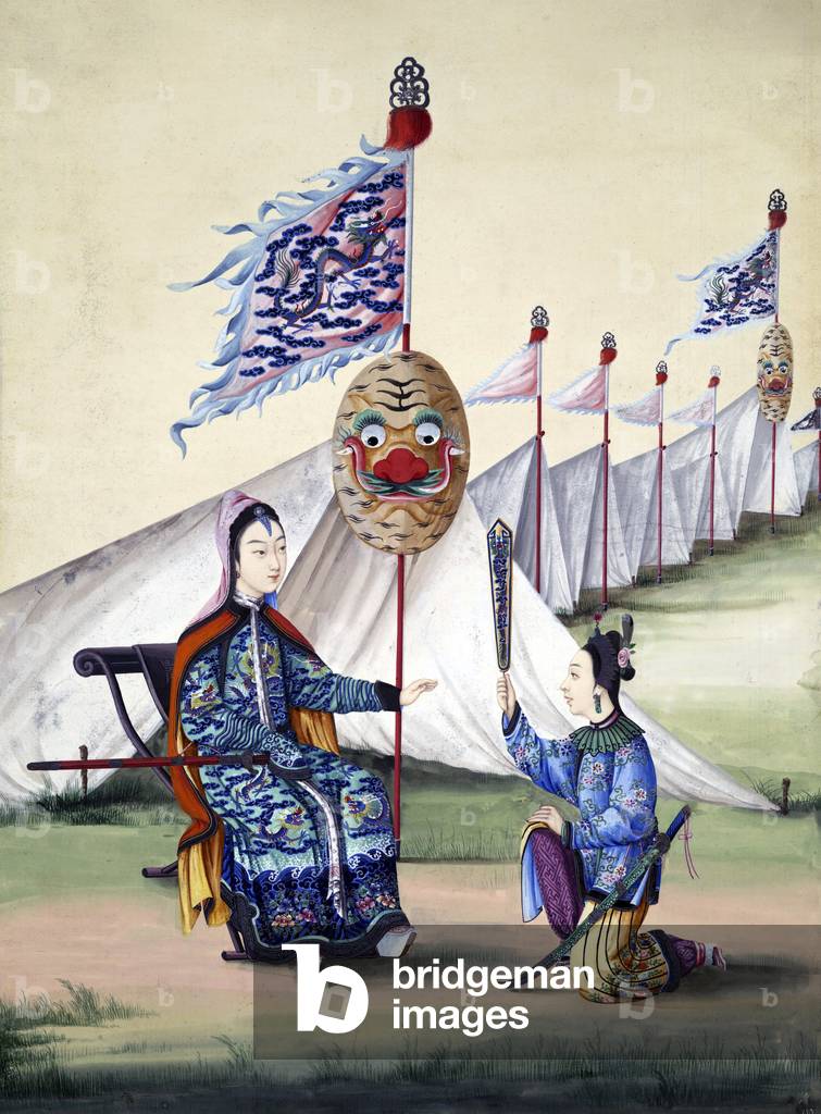 China: The wife of a Chinese general seated by his war banners, c. 1810