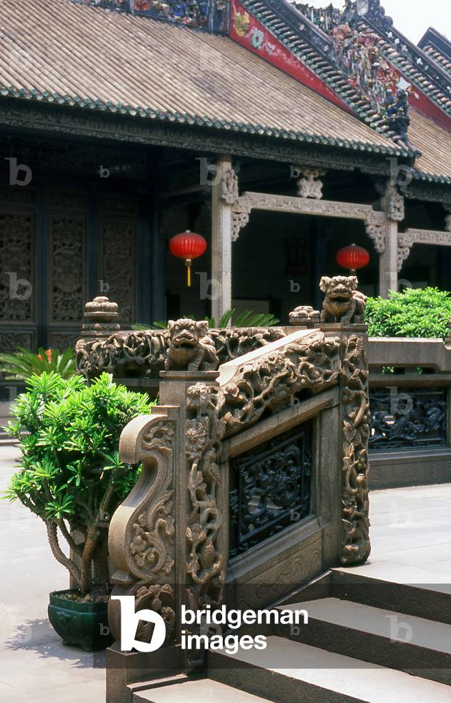 China: Temple lions on a banister within the Chen Family Temple (Chenjia Si), Guangzhou, Guangdong Province