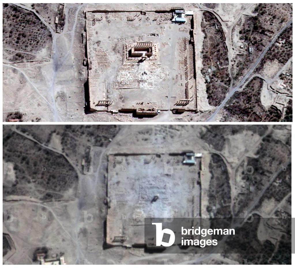 Islamic State / Syria: Aerial view of the Temple of Bel, Palmyra, before and after its destruction by the Islamic State of Iraq and the Levant (ISIL) in August, 2015. Images by United Nations Institute for Training and Research (UNITAR), 27 August 2015