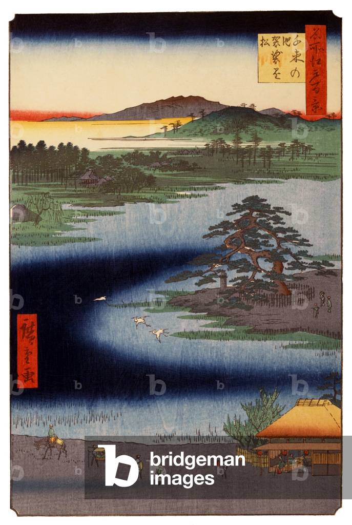 Japan: Winter: 'Robe-Hanging Pine' at Senzoku no ike; Nichiren is said to have hung his monk's robe on this pine while resting. Image 110 of '100 Famous Views of Edo'. Utagawa Hiroshige (first published 1856-59)