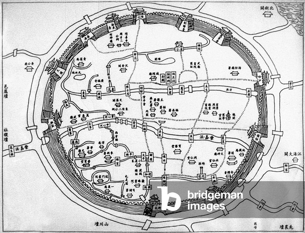 China: A Chinese map of the old city of Shanghai dating from the 16th century
