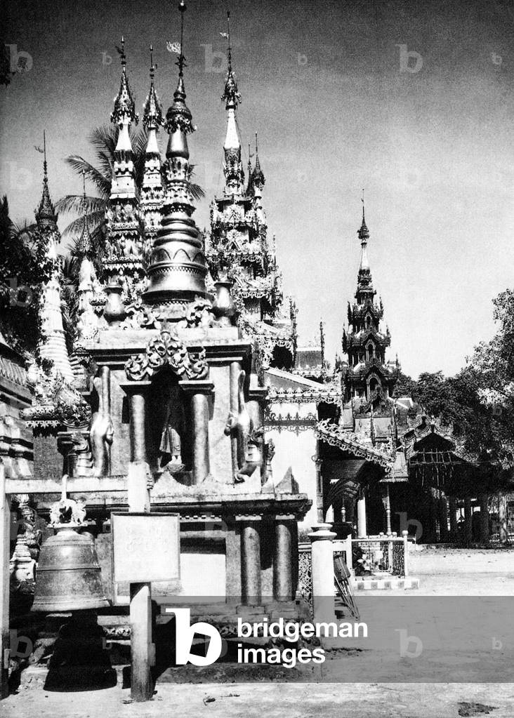 Burma/ Myanmar: A minor chedi and pavilion inside the compound of Shwedagon pagoda, Rangoon, c. 1920s.