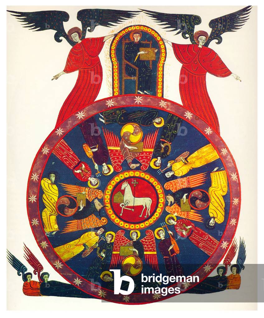 Spain: Great Theophany: synthesis of the Apocalypse IV and V, and Ezekiel I. From the Beatus of Leon version of the Apocalypse (1047 CE).