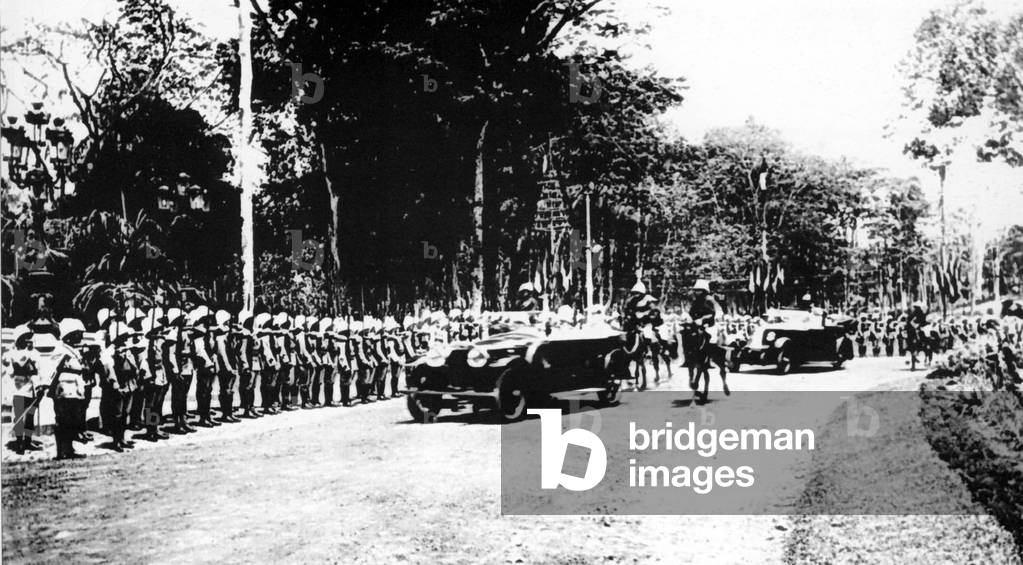 Vietnam: Honour guard on parade outside Norodom Palace, Saigon (1925)