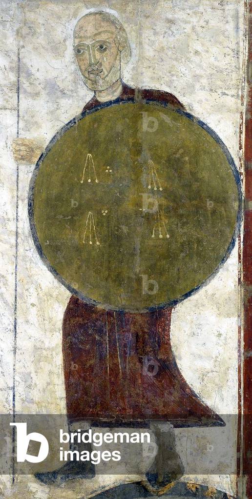 Spain: A soldier with spear, fresco from the Hermitage of San Baudelio de Berlanga, Soria, c. 1125