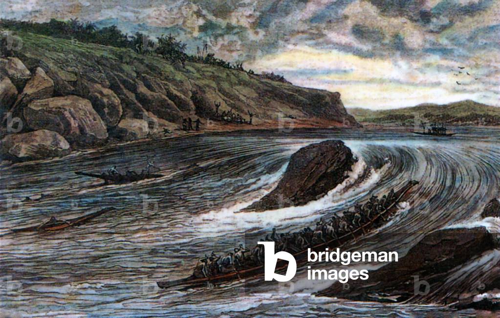 Laos: Longboats navigating hazardous rapids on the Mekong River