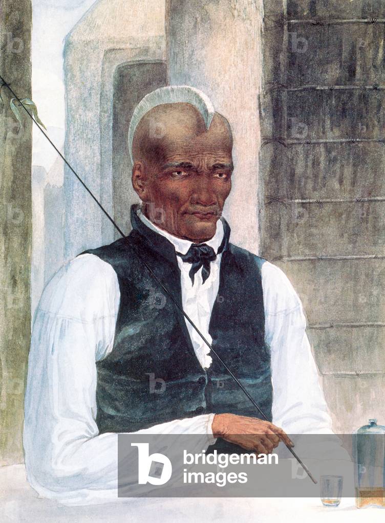 USA: 'Kamehameha II, King of the Sandwich Islanders' (1819-1824). The king had shaved his head in mourning for his sister who had died the previous day. In the background is the royal palace at Kona. Portrait by Russian artist Mikhail Tikhanov (1789-1862)