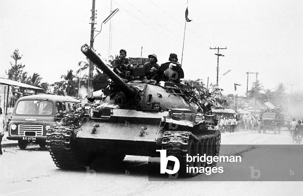 Vietnam: Communist tank advancing into Cu Chi town, April 1975