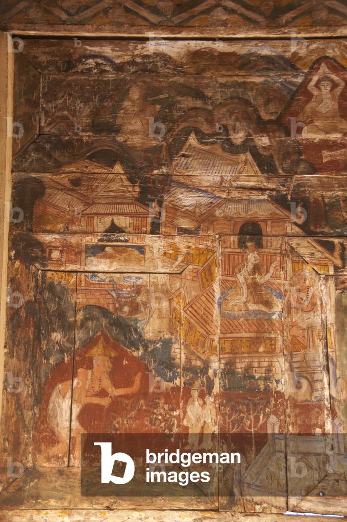Thailand: Early 19th-century mural on a wooden panel in the main Viharn Luang, Wat Phra That Lampang Luang, northern Thailand