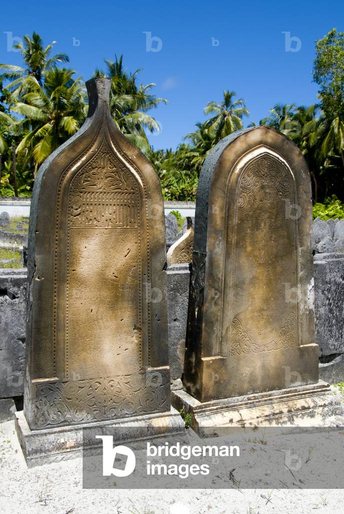 Maldives: Gravestones in the oldest cemetery (900 years old) in the country, Hulhumeedhoo Island, Addu Atoll (Seenu Atoll)