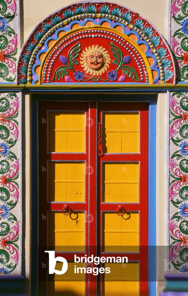 India: Brightly-painted window at a Hindu temple in Kutch, Gujarat State
