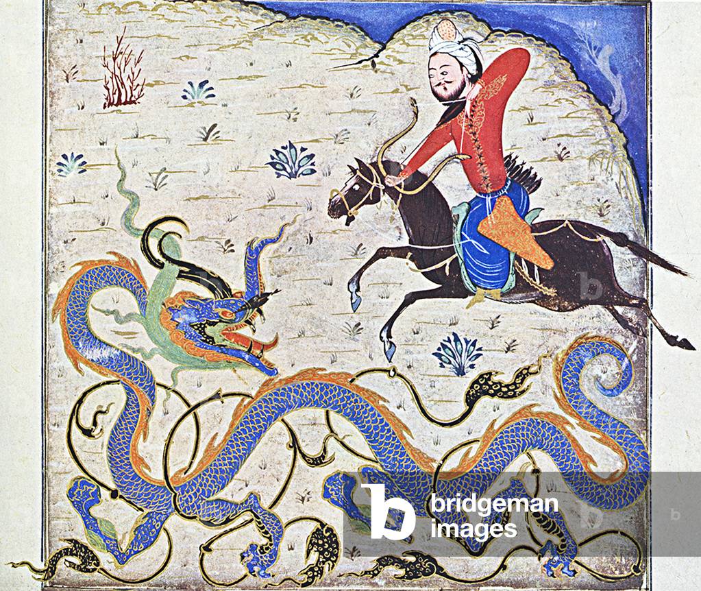 Iran / Persia: Bahram Gur kills the dragon. From a Persian Shahnameh with strong Ilkhanid Sino-Mongol artistic influences. Shiraz, 1371
