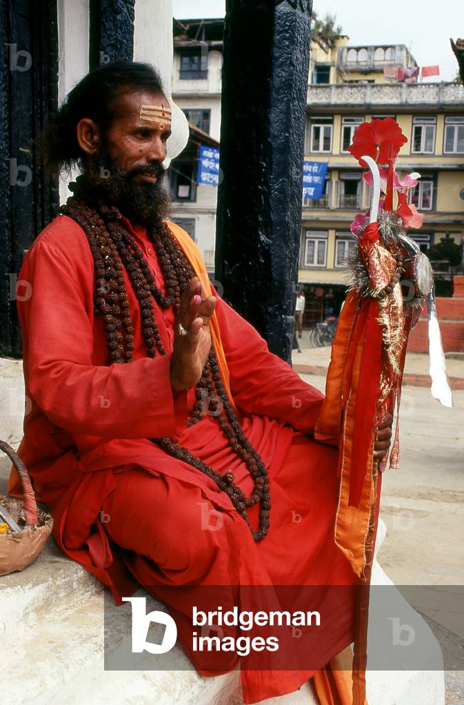 Nepal: Sadhu (Holy Man) wearing rudraksha (seeds used for prayer beads in Hinduism) around his neck, Durbar Square, Kathmandu