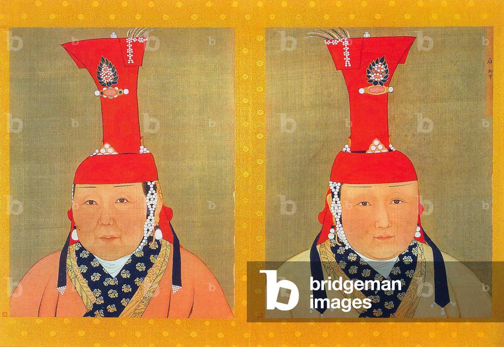 Mongolia / China: Yuan Imperial consort Nahan (husband not indicated) (right) and an unnamed consort (left). Paint and ink on silk.