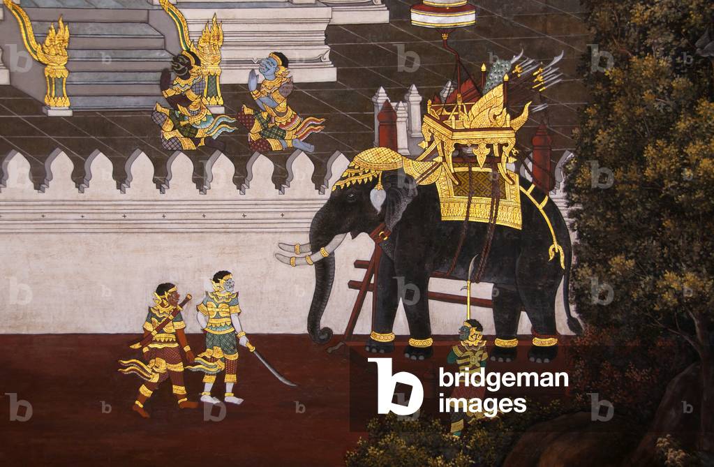 Thailand: War elephant. A scene from the Ramakien (Ramayana) murals, Wat Phra Kaeo (Temple of the Emerald Buddha), Bangkok