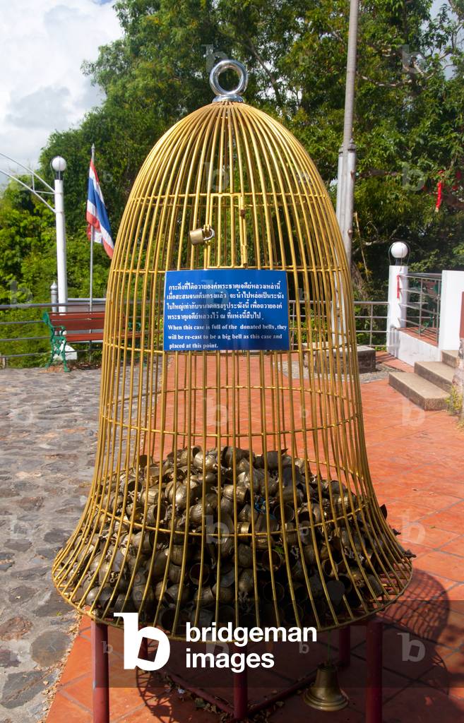 Thailand: A cage for small bells (when full they will be melted down to be made into one large bell), Phra Chedi Luang (temple on top of hill), Khao Tang Kuan (hill at north end of town), Songkhla, Songkhla Province