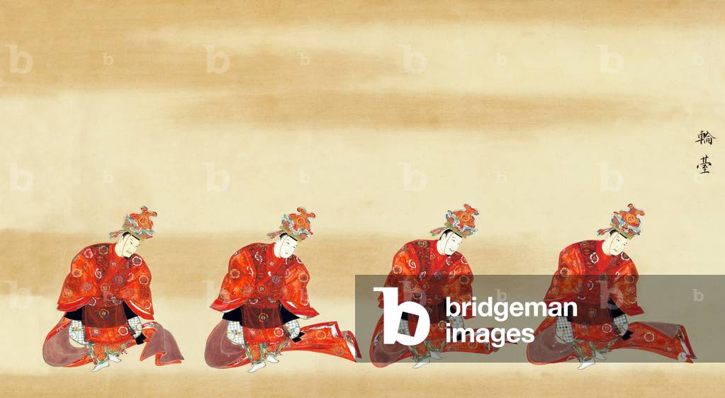 Japan: 'Bugaku' dancers depicted in a horizontal 'emaki' scroll painting, the 'Makura no Soshi Ekotoba', Kamakura Period (1185-1333), 12th-13th Century