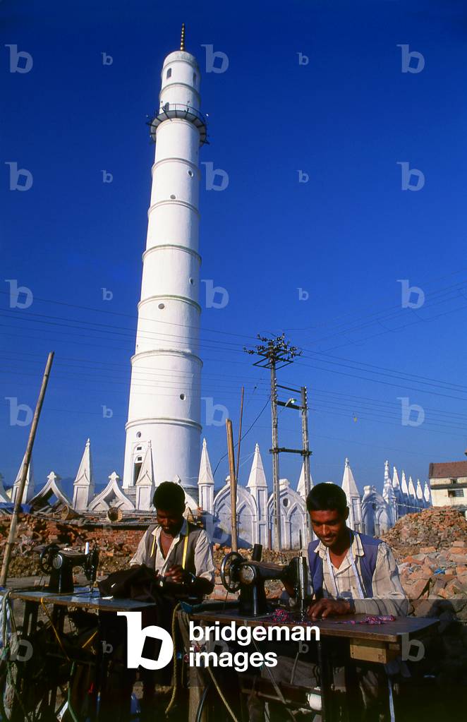 Nepal: Open-air tailors near the Bhimsen Tower (destroyed during the great earthquake that hit Nepal in 2015), Kathmandu, 1995