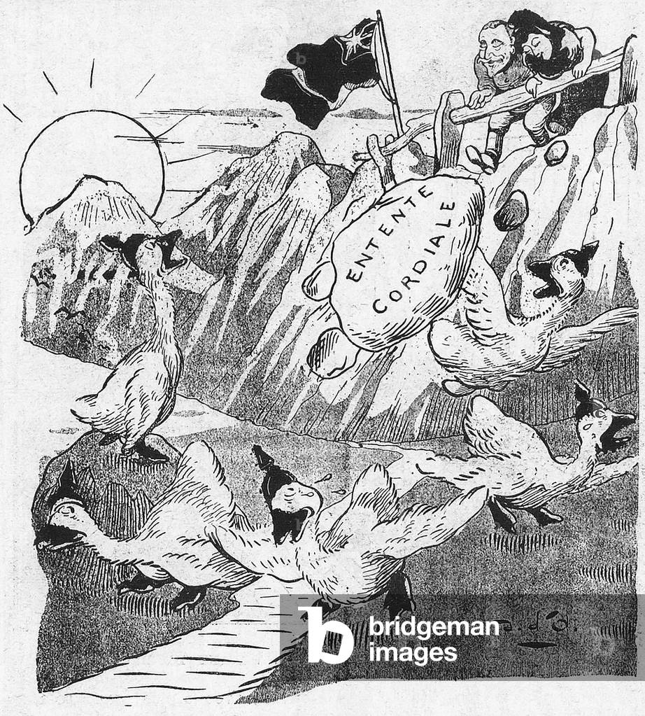 France: French caricature of the British-French 'Entente Cordiale', with King Edward VII of Great Britain and a woman representing France throwing rocks at German ducks. Illustration by John Grand-Carteret (1850-1927), 1906