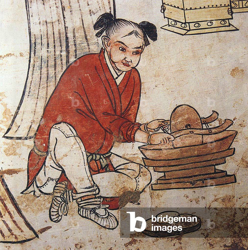 China: A man preparing tea. Detail of a mural in the tomb of Zhang Kuangzheng, Xuanhua, Hebei, Liao Dynasty (1093-1117).