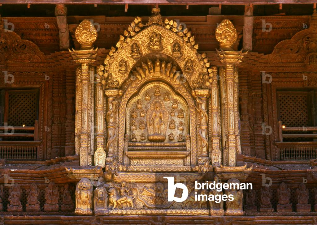 Nepal: The golden window above the Golden Gate (Sun Dhoka) depicting Avalokitesvara (regarded as the guardian spirit of Patan), Royal Palace, Patan, Kathmandu Valley (1996)