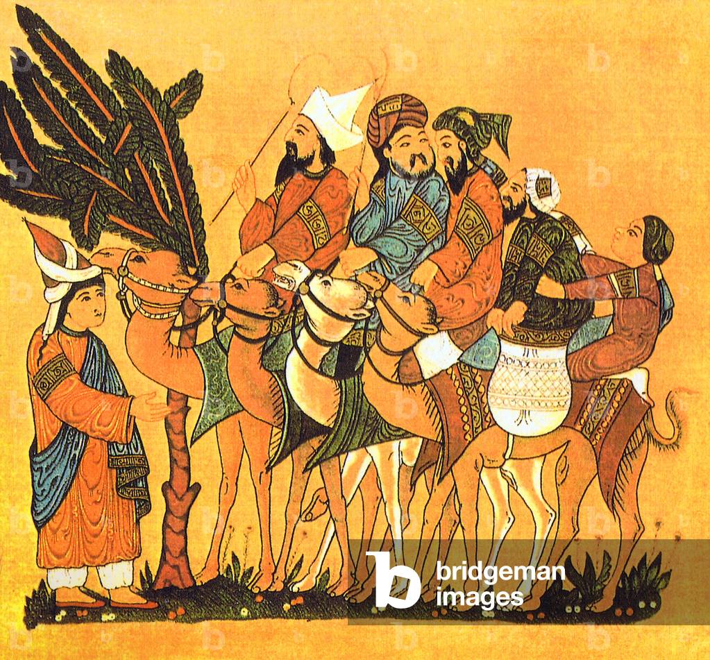 Merchants in a Camel Caravan, miniature from the 'Maqam' or 'Assembly' of Yahya ibn Mahmud al-Wasiti, 1237 CE (print)