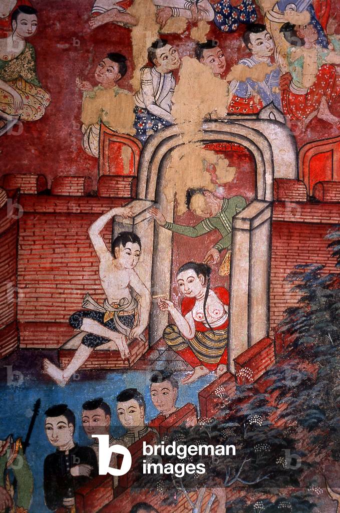 Thailand: Northern Thai woman smoking a cheroot, mural, Viharn Lai Kam, Wat Phra Singh, Chiang Mai, Northern Thailand