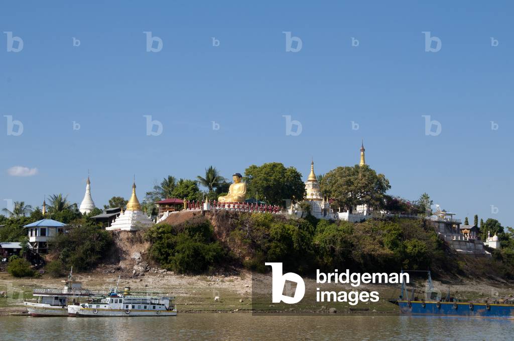 Burma / Myanmar: A large seated Buddha and pagodas at Sagaing seen from the Irrawaddy / Ayeyarwady River, near Mandalay