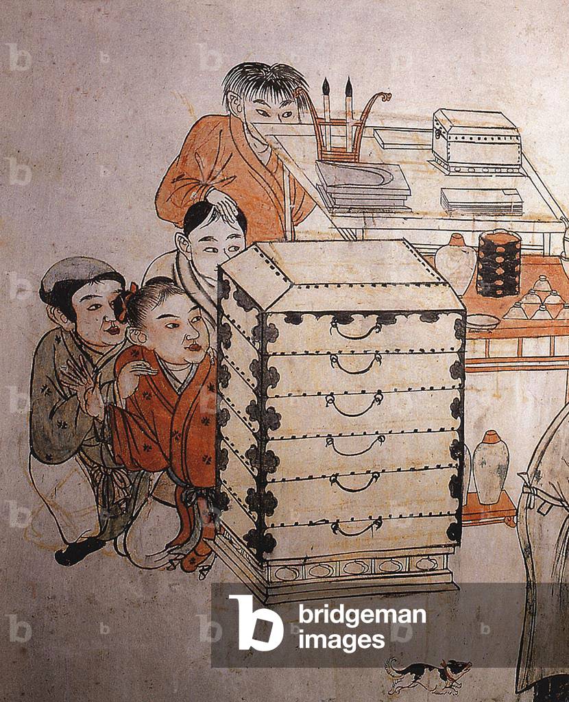 China: A domestic scene. Children and a small dog at play. Detail of a mural in the tomb of Zhang Wenzao, Xuanhua, Hebei, Liao Dynasty (1093-1117).