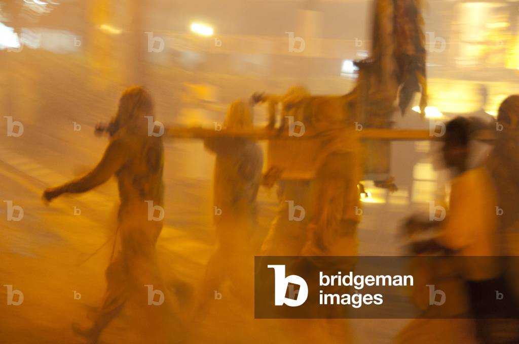 Thailand: Shrine bearers race through the streets in the night parade, Phuket Vegetarian Festival