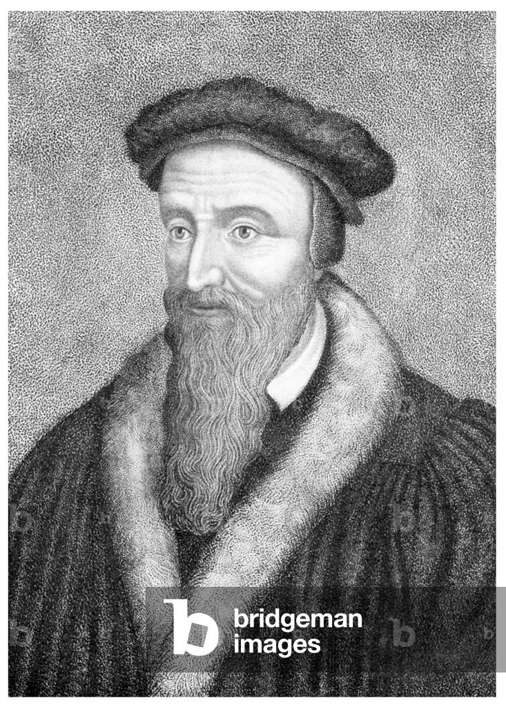 France: Jean Calvin (English: John Calvin, 1509 - 1564), theologian and primary force in the Protestant Reformation, lithograph, J. H. Fiedler, 19th century