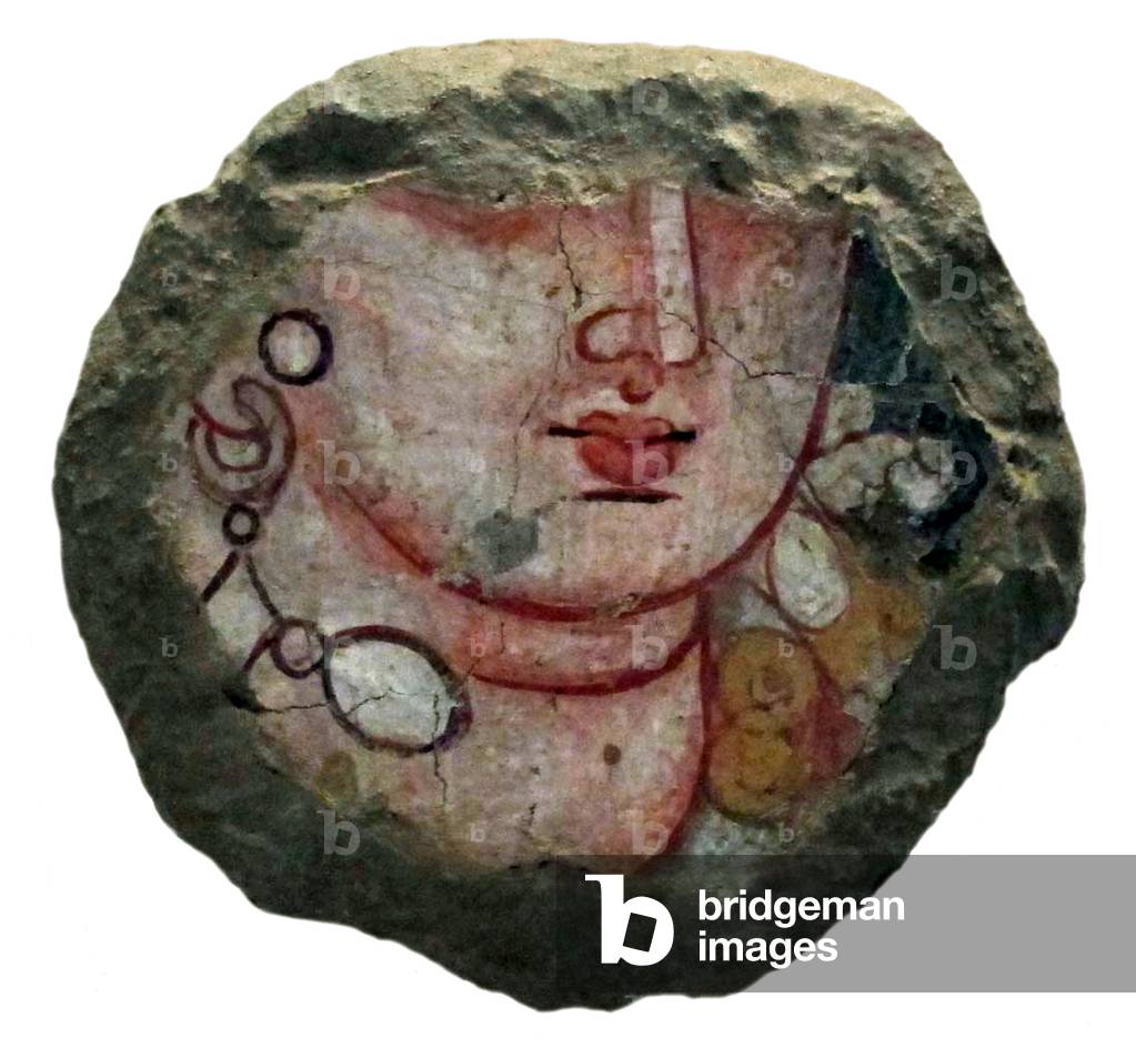 Afghanistan: Fragment of a fresco showing the lower part of a face, probably of a bodhisattva, Grotto G, Bamiyan Cliff, Bamiyan Valley, 6th-7th centuries CE (photo)