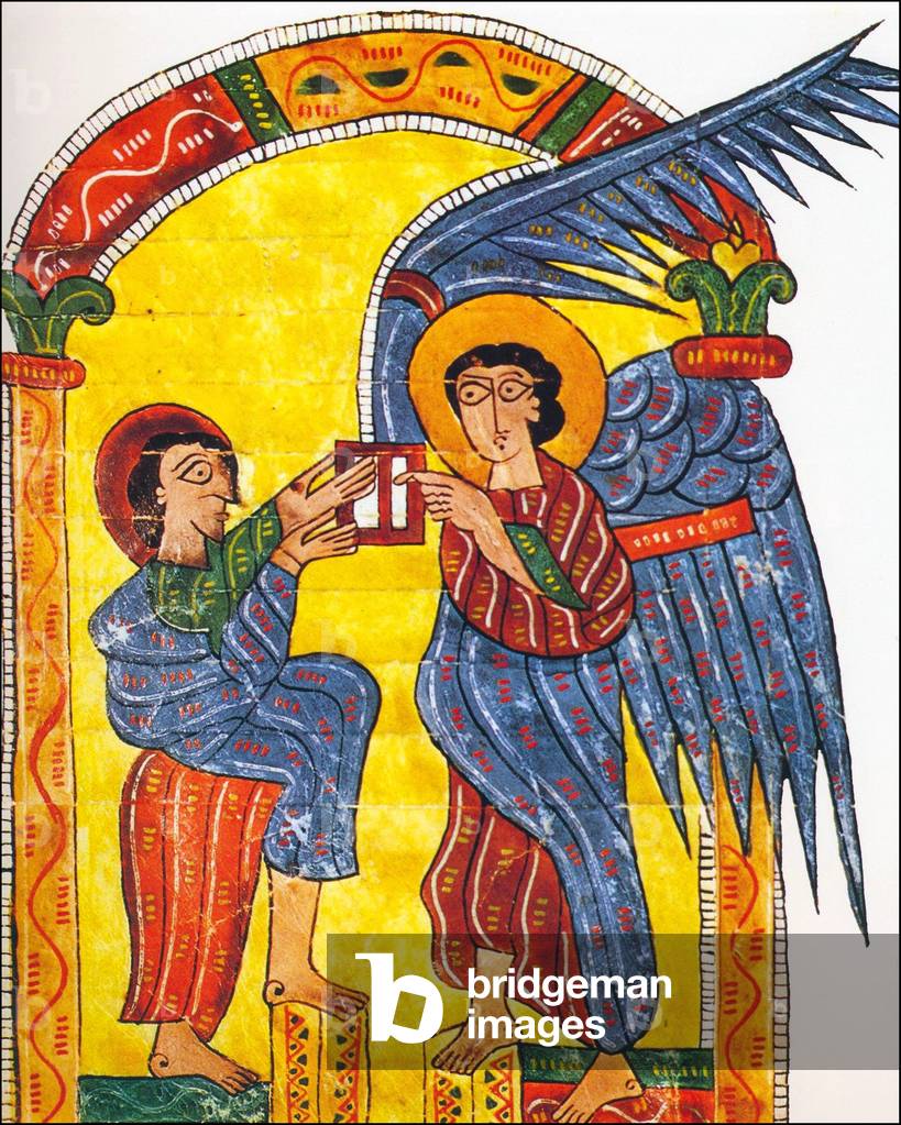 Spain: The Angel gives John a Message for one of the Seven Churches of Asia. From the Escatorial Beatus version of the Apocalypse (10th century).