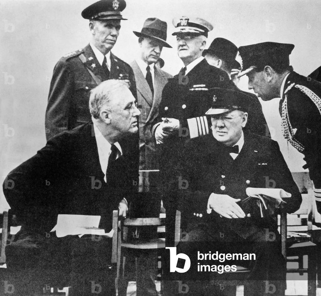 USA / UK: President Franklin Delano Roosevelt and Prime Minister Winston Churchill aboard HMS Prince of Wales for the Atlantic Charter meeting, Placentia Bay, August 14, 1941