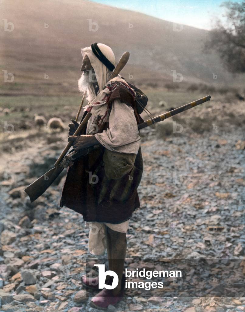 Palestine: A Palestinian shepherd with a rifle and his sheep, 1919