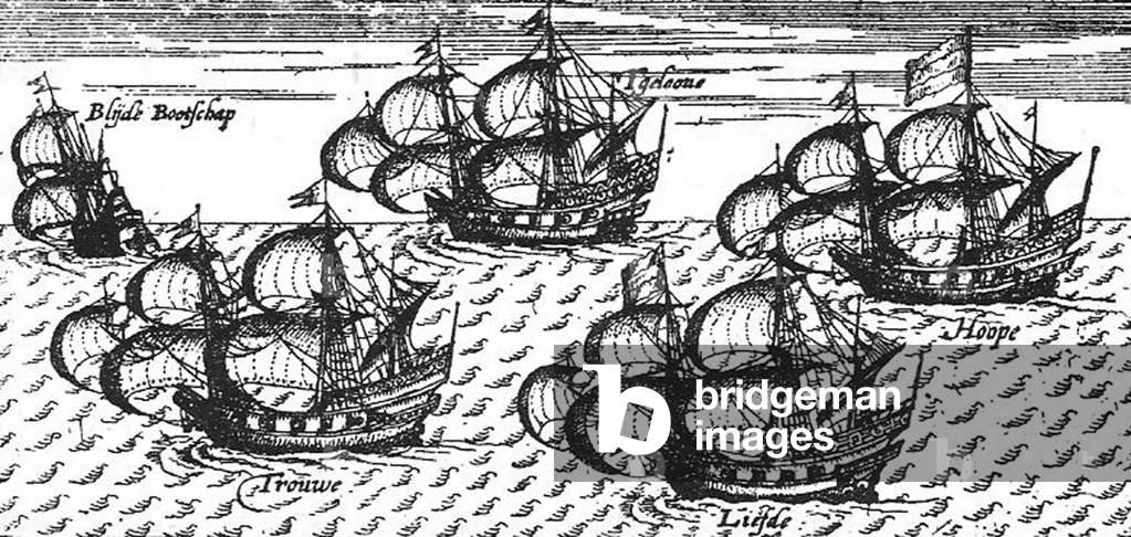 Netherlands: The Liefde, William Adams's ship. 17th century engraving. William Adams (1564-1620) was, on a Dutch ship, the first Englishman to visit Japan.