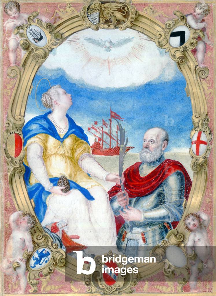 Italy / Venice: Francesco Duoda (1518 - 1592), Admiral of the Republic of Venice, receives a palm leaf from a female saint beneath a vision of the Holy Spirit, 16th century