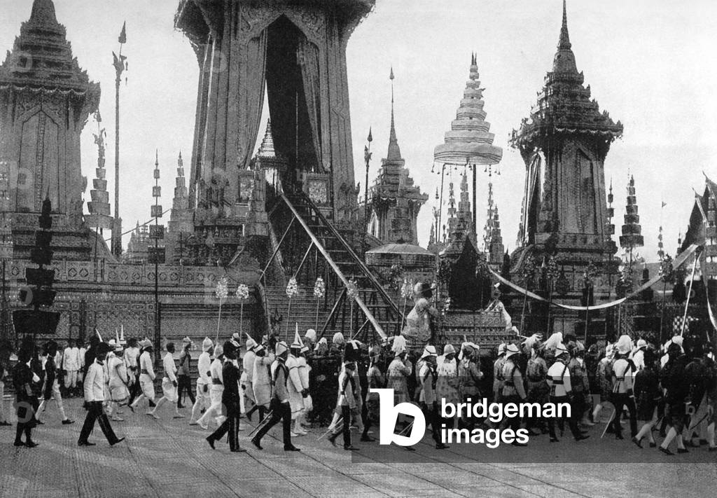 Thailand: The funeral procession carrying the remains of King Chulalongkorn goes around the cremation site three times, 1911.