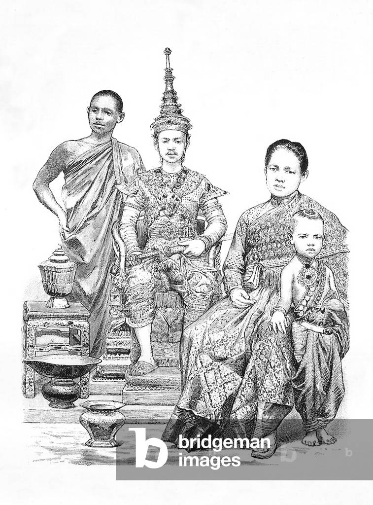 Germany / Siam: A Buddhist Monk, King Chulalongkorn of Siam (1853 - 1910) with wife and child, 