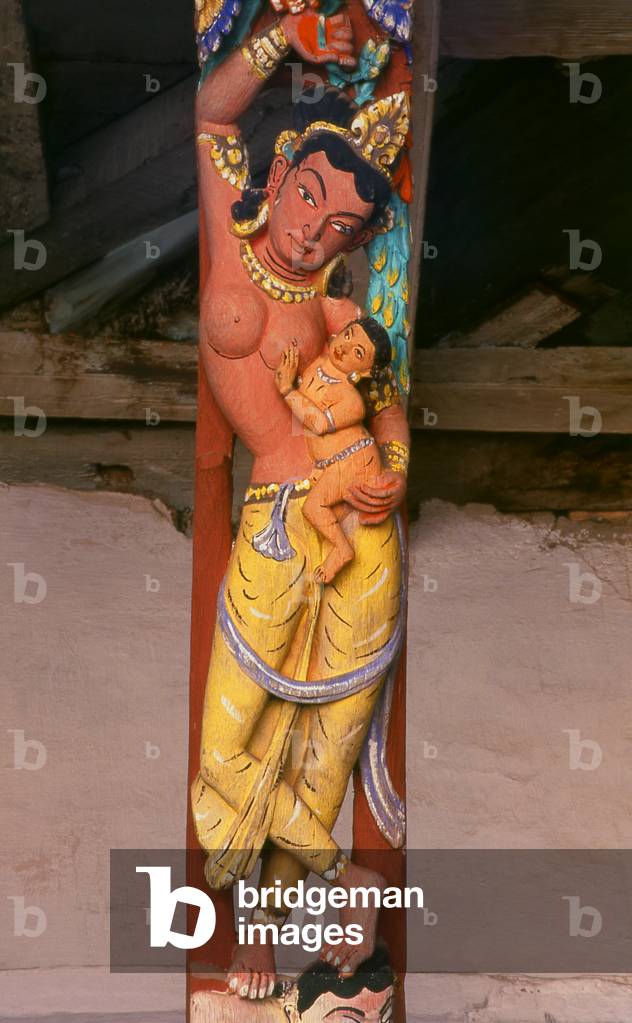Nepal: Carved temple roof strut at the Buddhist Rudra Varna Mahavihar (Uku Bahal) temple, Patan, Kathmandu