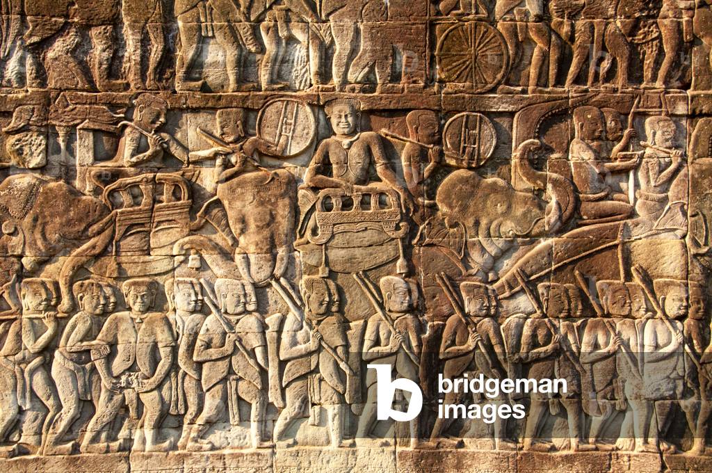Cambodia: The Khmer army advances on the Cham, bas-relief Southern Wall, The Bayon, Angkor Thom, Angkor