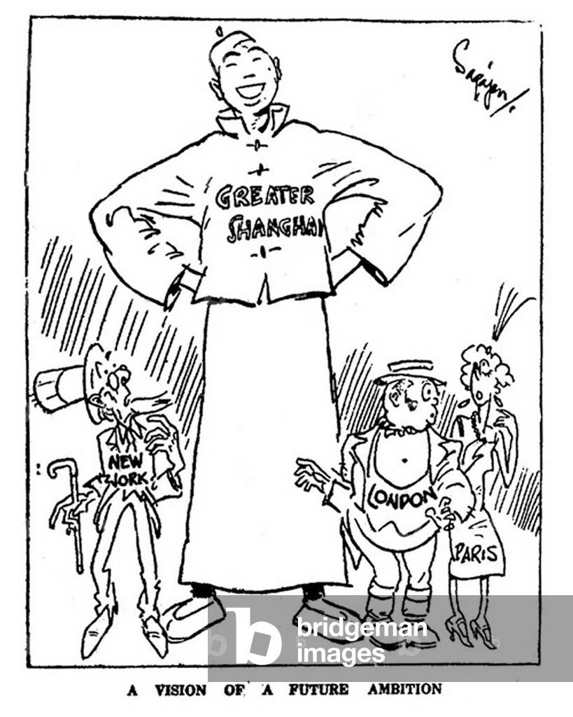 China: Greater Shanghai, 'a vision of future ambition'. A cartoon by 'Sapajou' (Georgii Sapojnikoff), White Russian exile and cartoonist at the North China Daily News, Shanghai, 1925-c. 1940