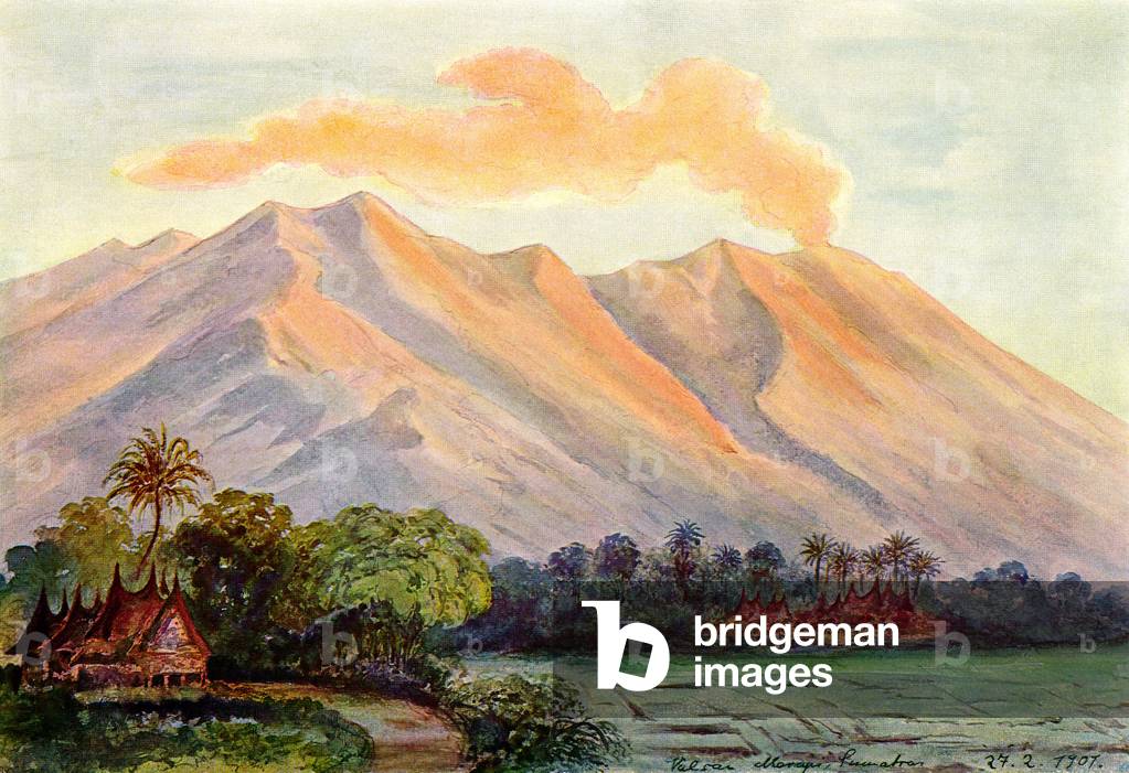 Indonesia: Marapi Volcano in the Padang Highlands, Sumatra. Watercolour by the German scientist and traveller Ernst Haeckel, c.1882.