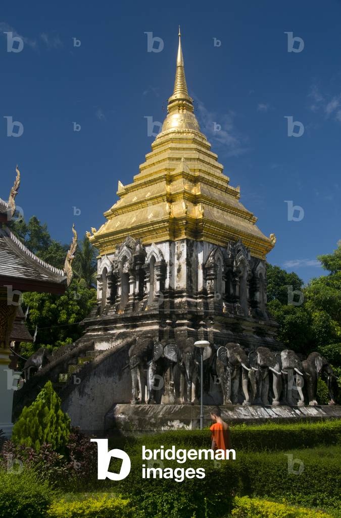 Thailand: Gilded Chedi Chang Lom surrounded by Sukhothai-style elephants, Wat Chiang Man, Chiang Mai